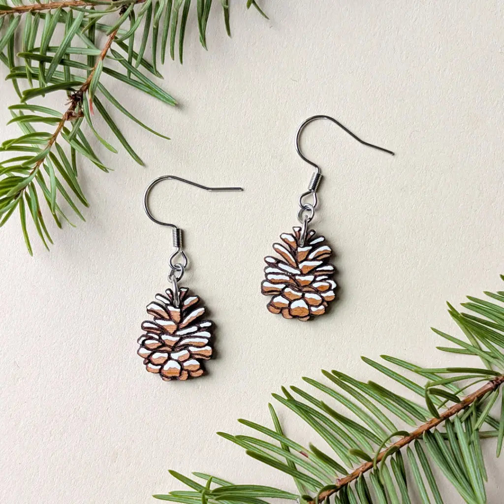 Snowy Pine Cone Earrings Silver Ear Wires Dangle and Drop Earrings
