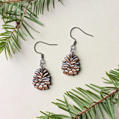 Snowy Pine Cone Earrings Silver Ear Wires Dangle and Drop Earrings
