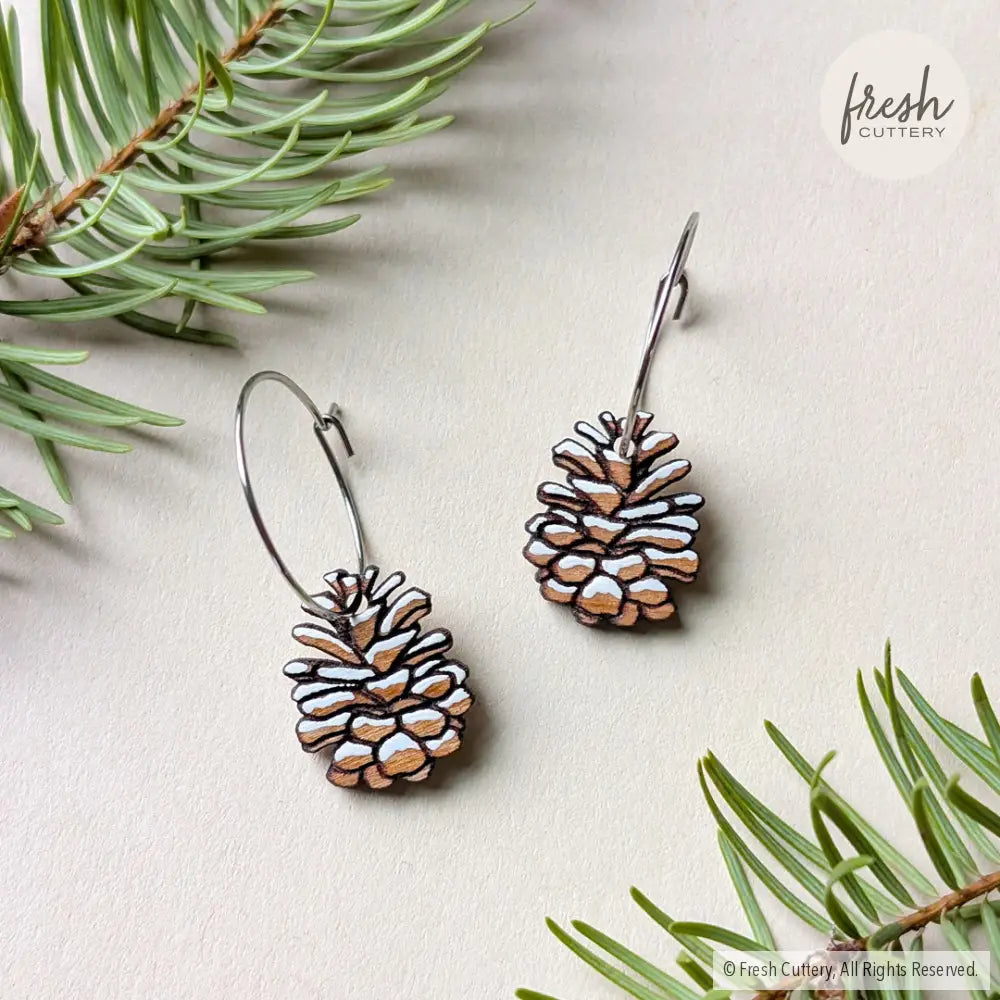 Snowy Pine Cone Earrings Silver Hoops Dangle and Drop Earrings