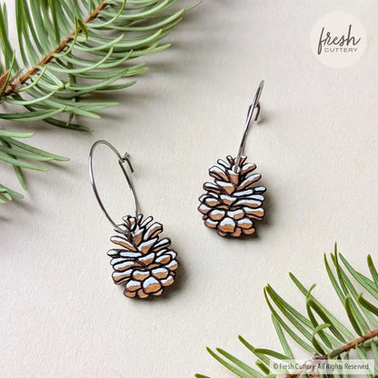 Snowy Pine Cone Earrings Silver Hoops Dangle and Drop Earrings