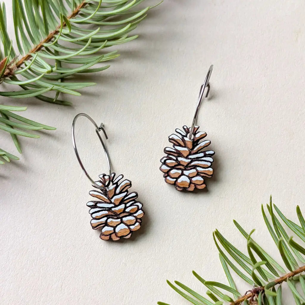 Snowy Pine Cone Earrings Silver Hoops Dangle and Drop Earrings