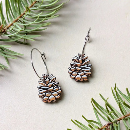 Snowy Pine Cone Earrings Silver Hoops Dangle and Drop Earrings