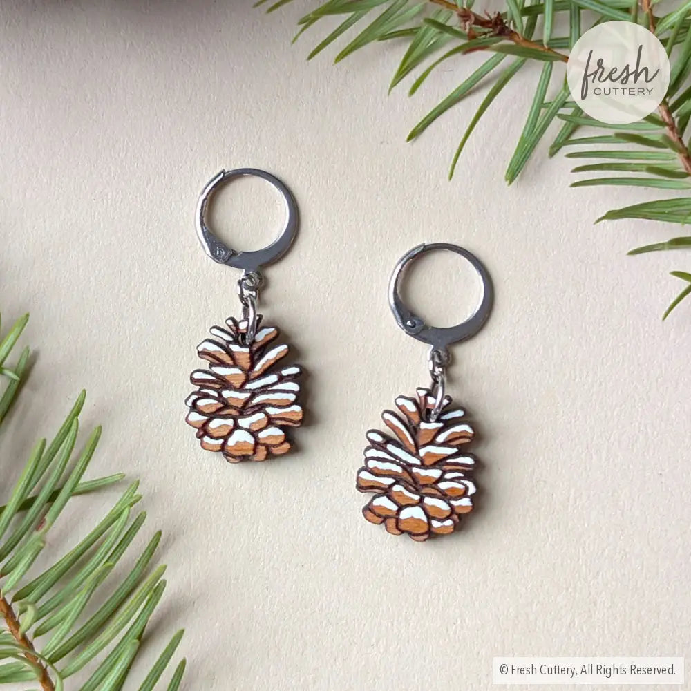Snowy Pine Cone Earrings Silver Leverbacks Dangle and Drop Earrings