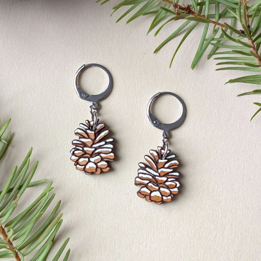 Snowy Pine Cone Earrings Silver Leverbacks Dangle and Drop Earrings