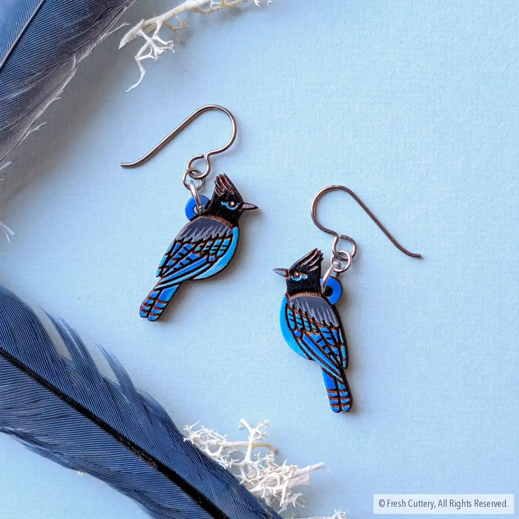 Steller’s Jay Earrings - Titanium Ear Wires - Dangle and Drop Earrings