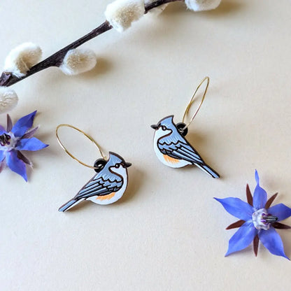 Tufted Titmouse Earrings Gold Hoops Dangle and Drop Earrings