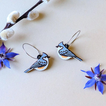 Tufted Titmouse Earrings Silver Hoops Dangle and Drop Earrings