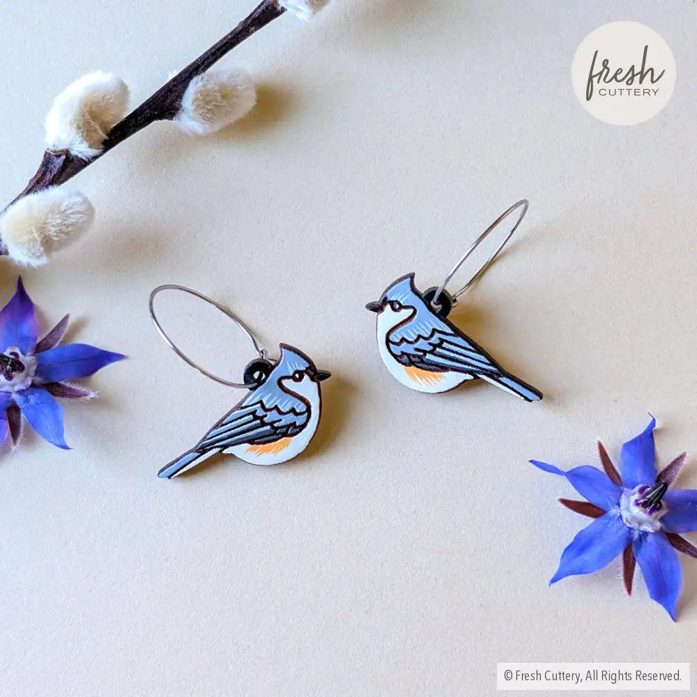 Tufted Titmouse Earrings Silver Hoops Dangle and Drop Earrings