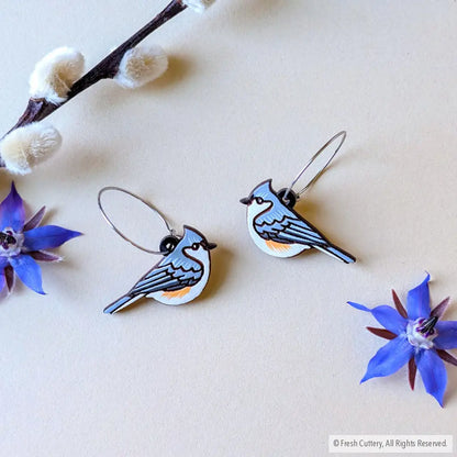 Tufted Titmouse Earrings Silver Hoops Dangle and Drop Earrings
