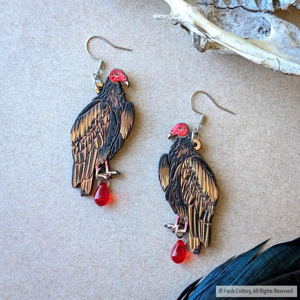 Turkey Vulture Earrings - With Bead / Silver Ear Wires - Dangle and Drop Earrings
