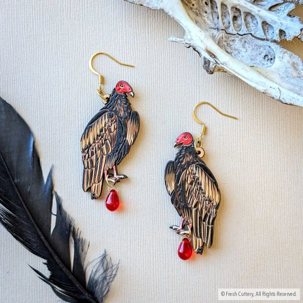 Turkey Vulture Earrings - With Bead / Gold Ear Wires - Dangle and Drop Earrings