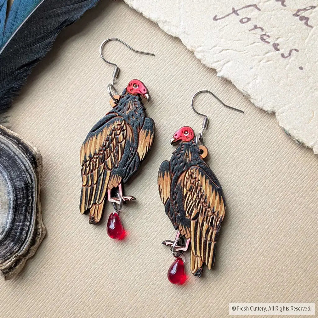 Turkey Vulture Earrings - With Bead / Silver Ear Wires - Dangle and Drop Earrings