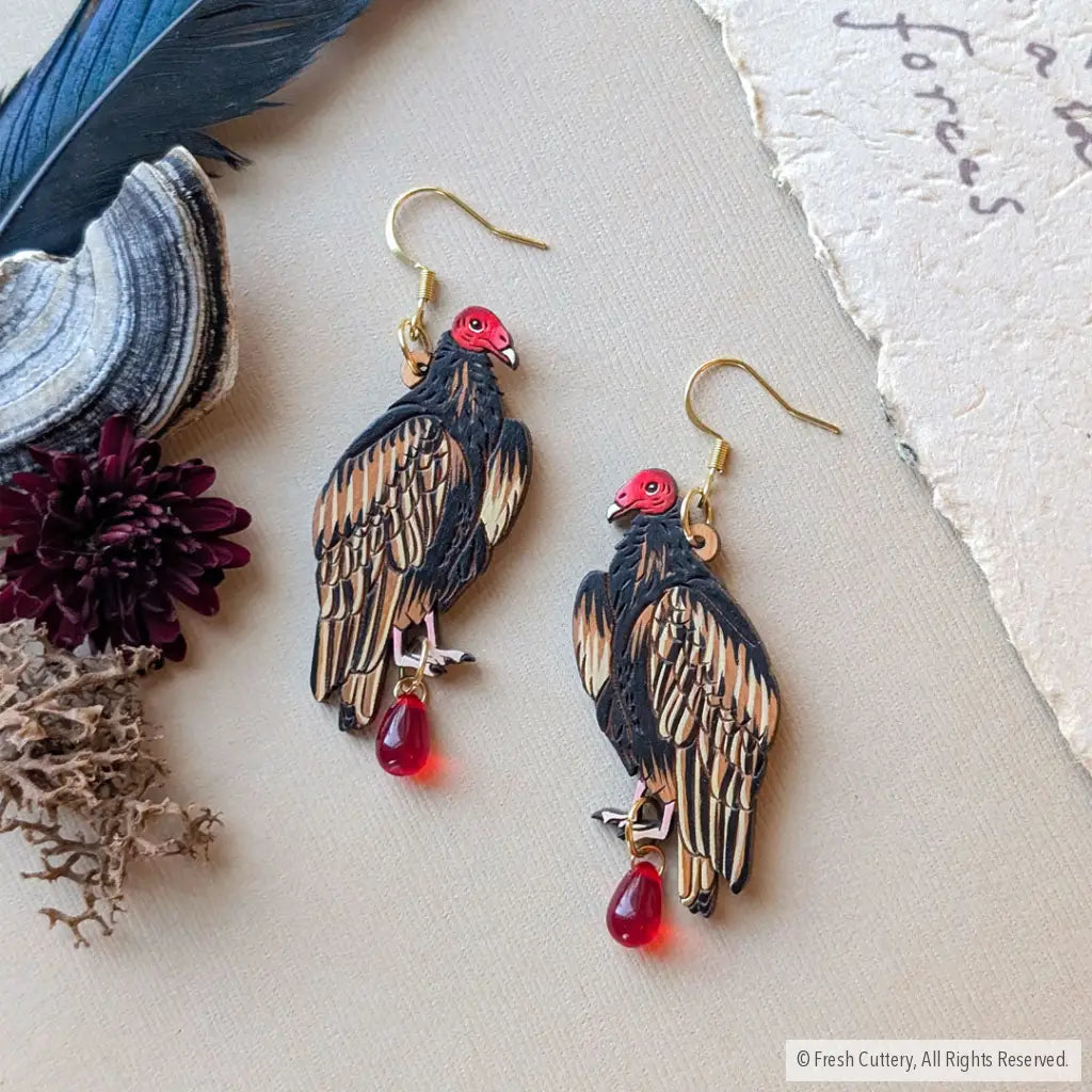 Turkey Vulture Statement Earrings - Gold Ear Wires / With Bead - Dangle and Drop Earrings