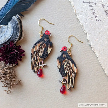 Turkey Vulture Statement Earrings - Gold Ear Wires / With Bead - Dangle and Drop Earrings