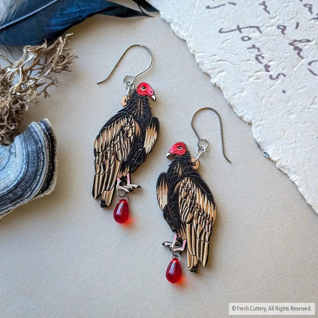 Turkey Vulture Statement Earrings - Titanium Ear Wires / With Bead - Dangle and Drop Earrings