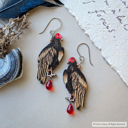 Turkey Vulture Statement Earrings - Titanium Ear Wires / With Bead - Dangle and Drop Earrings