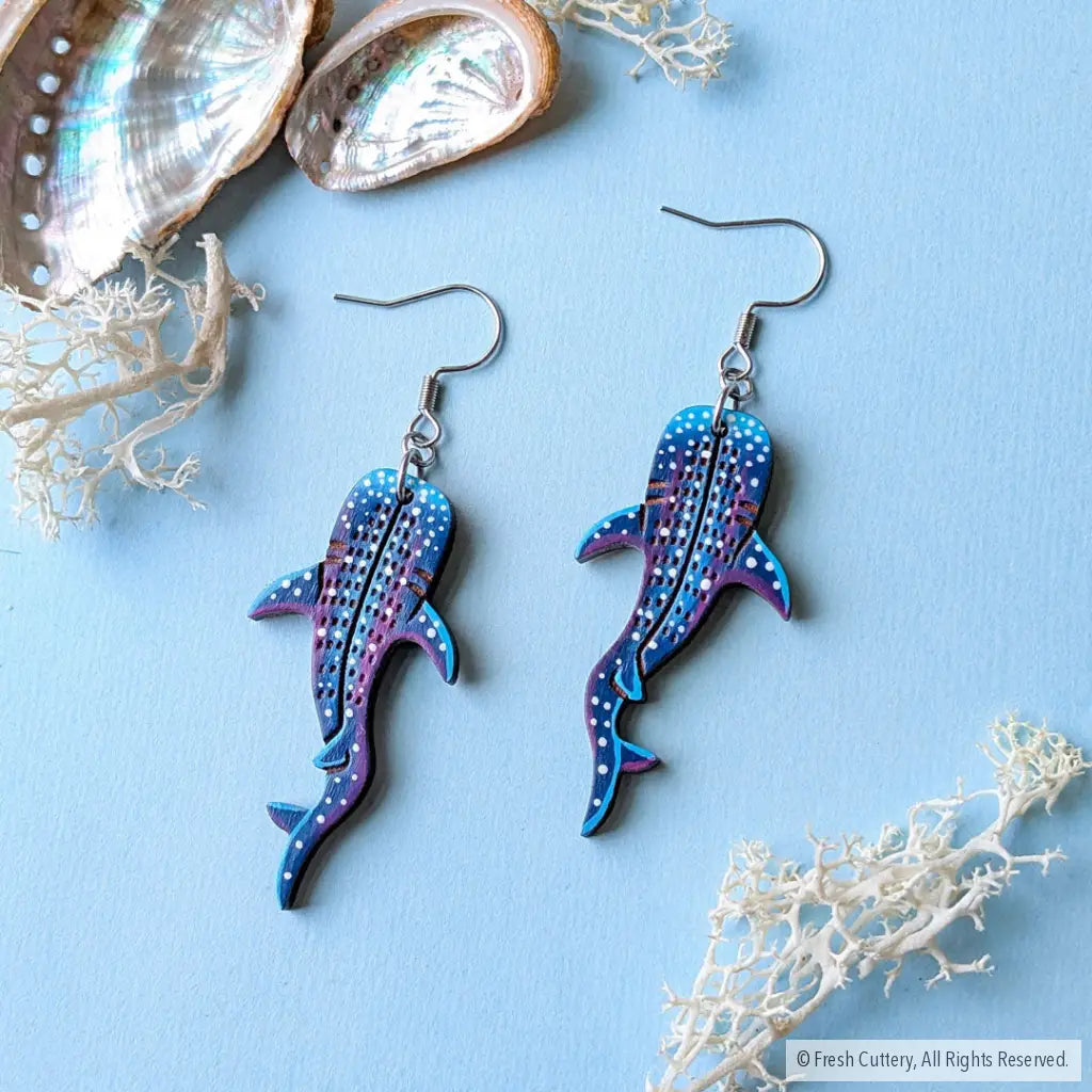 Whale Shark Earrings Silver Stainless Steel Ear Wires Dangle and Drop Earrings