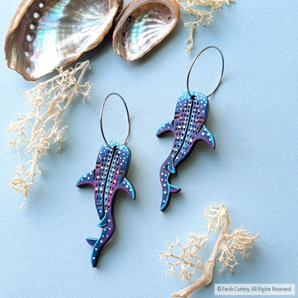 Whale Shark Earrings Silver Stainless Steel Hoops Dangle and Drop Earrings