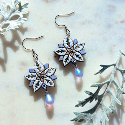 White Poinsettia Earrings Silver Ear Wires Dangle and Drop Earrings