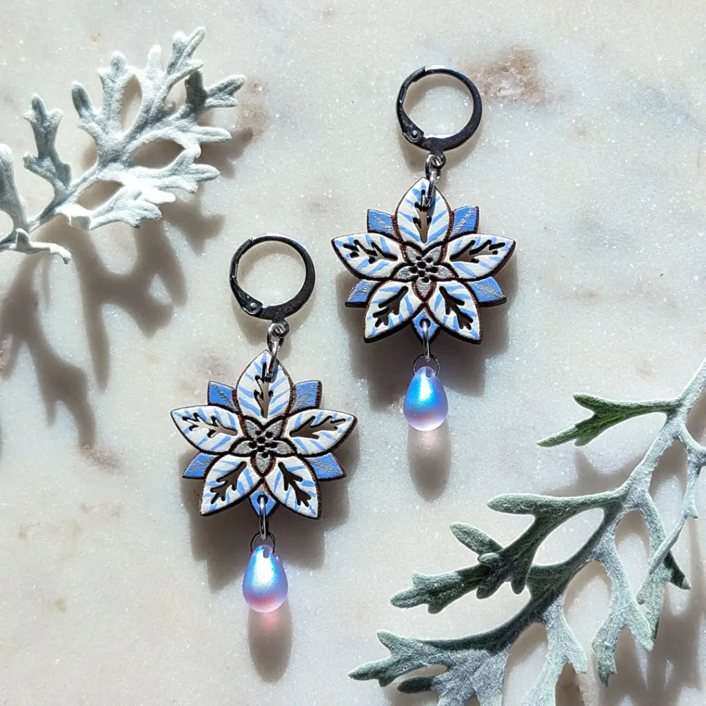 White Poinsettia Earrings Silver Leverbacks Dangle and Drop Earrings