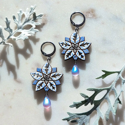 White Poinsettia Earrings Silver Leverbacks Dangle and Drop Earrings