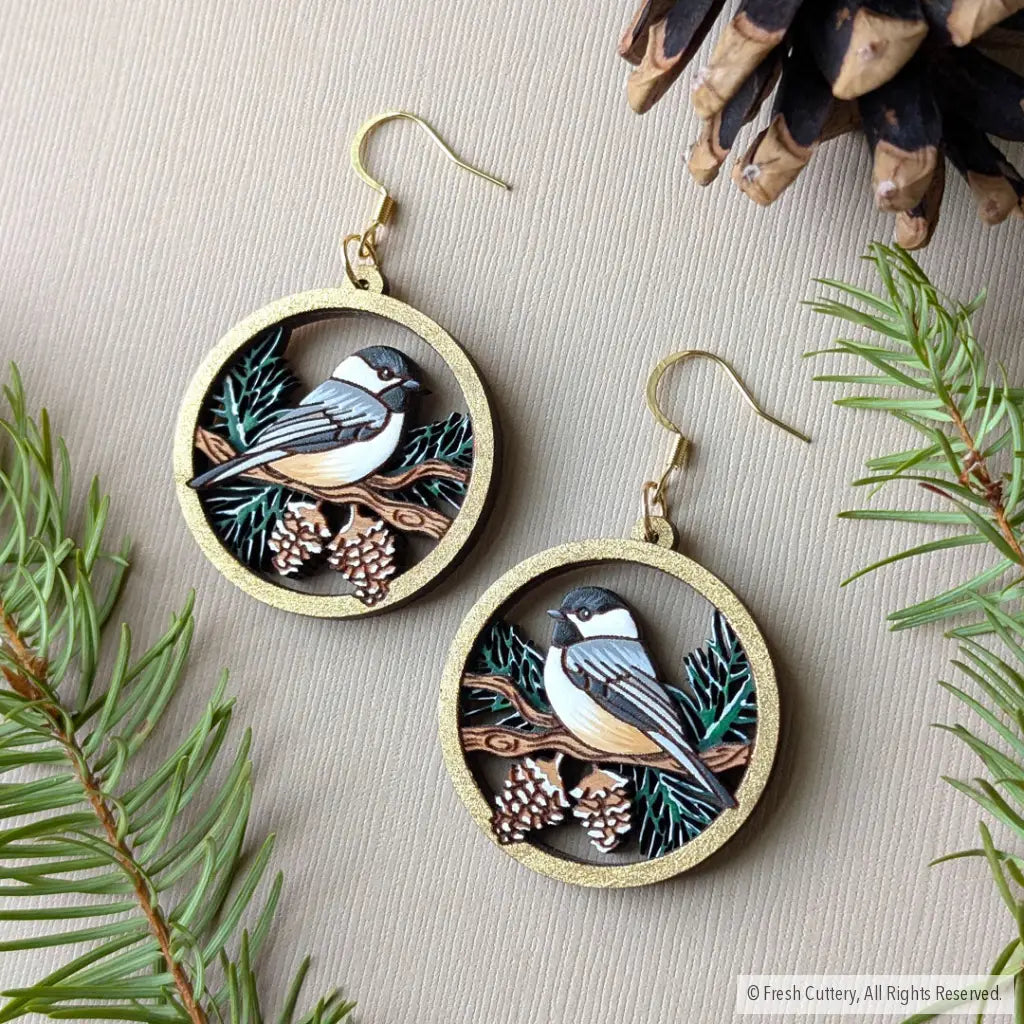 Winter Chickadee Pine Earrings Dangle and Drop Earrings