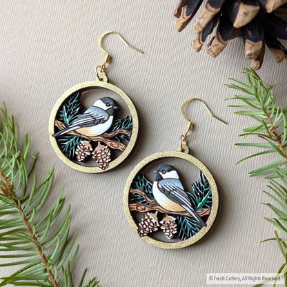 Winter Chickadee Pine Earrings Dangle and Drop Earrings