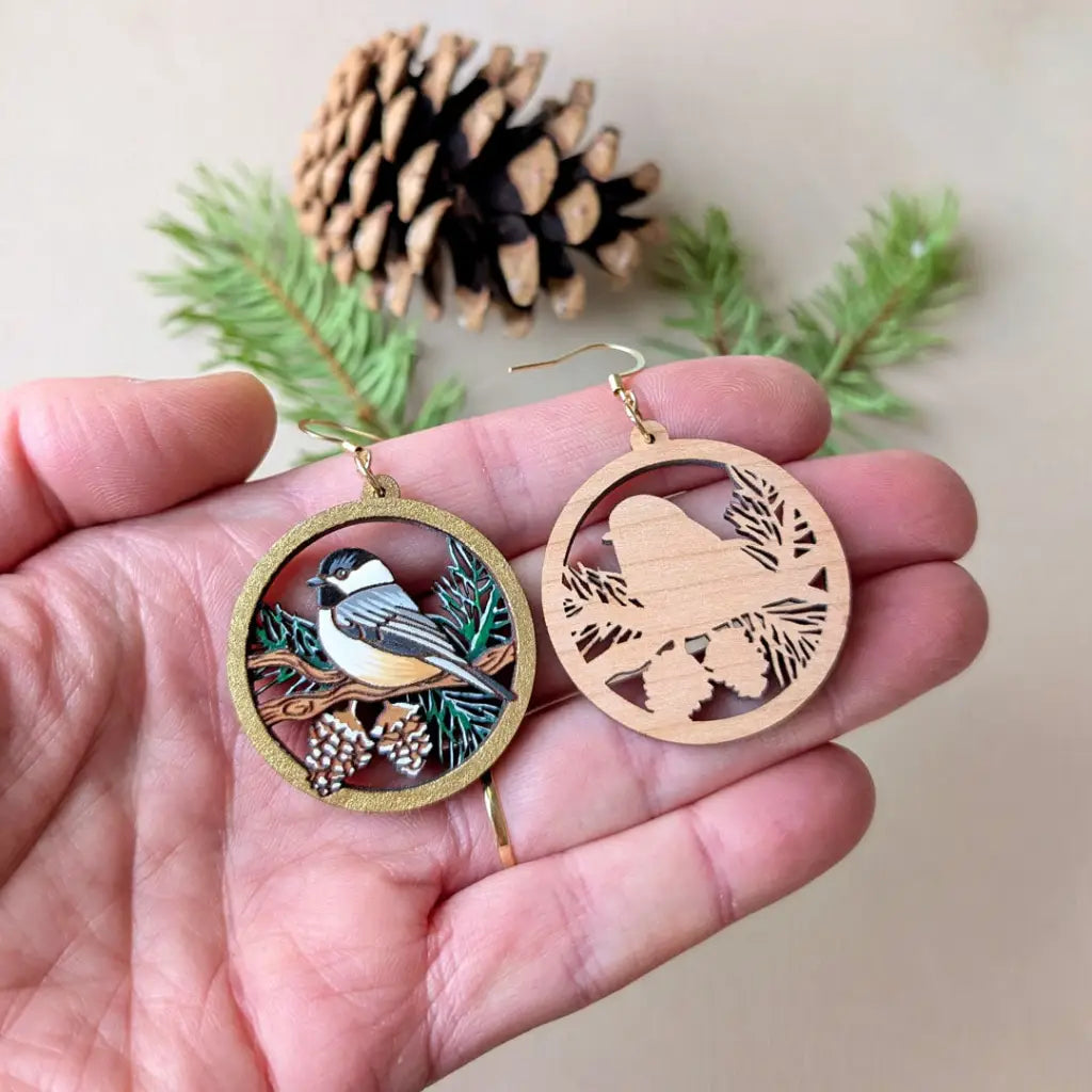 Winter Chickadee Pine Earrings Dangle and Drop Earrings