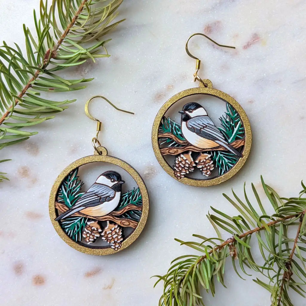 Winter Chickadee Pine Earrings Dangle and Drop Earrings