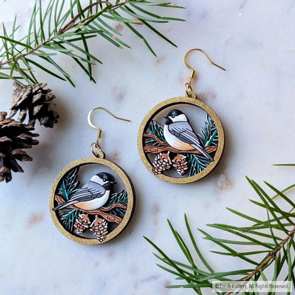 Winter Chickadee Pine Earrings - Dangle and Drop Earrings