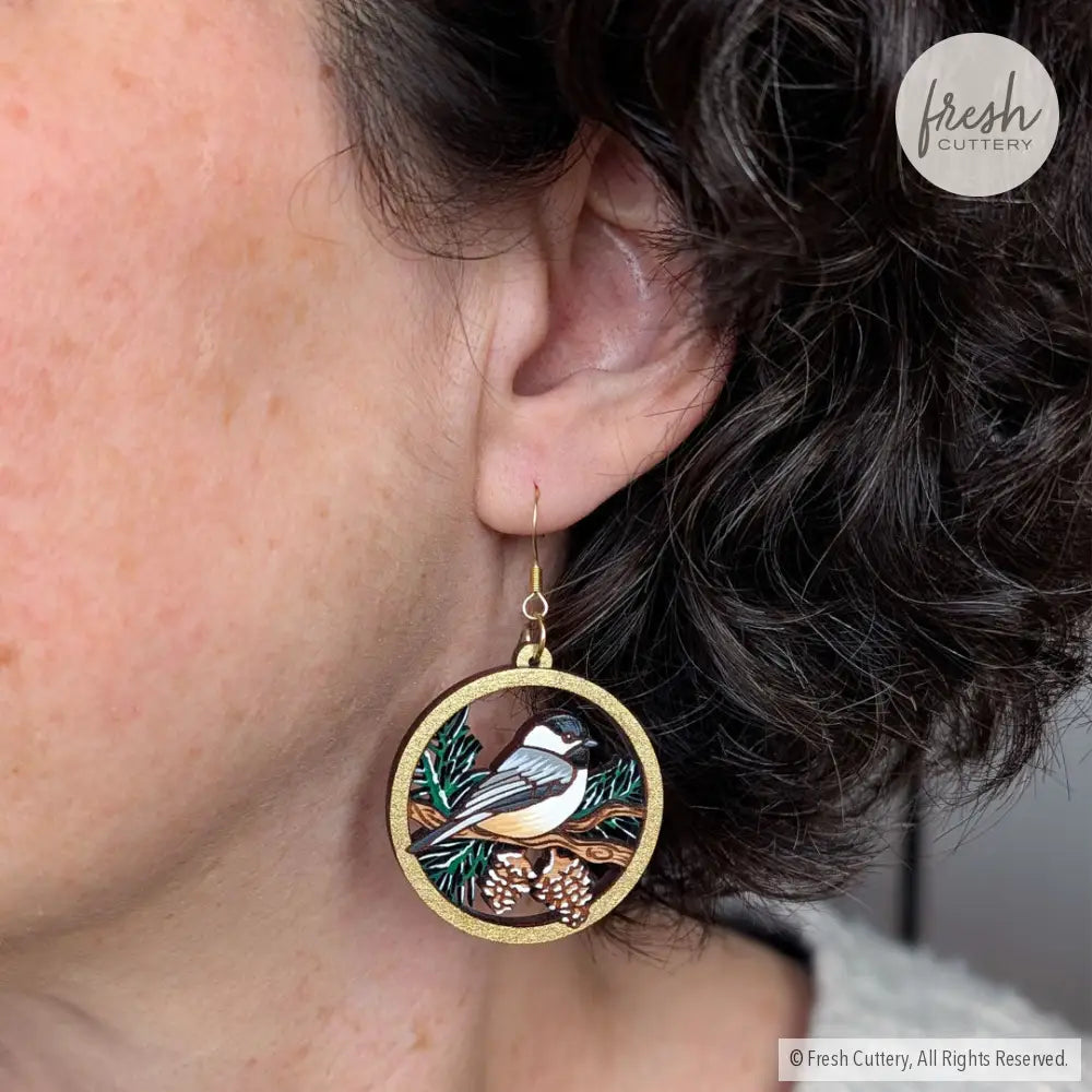Winter Chickadee Pine Earrings Dangle and Drop Earrings