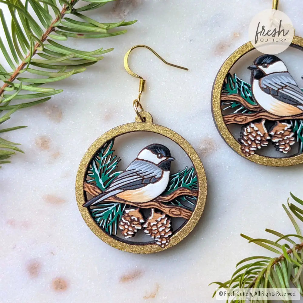 Winter Chickadee Pine Earrings Dangle and Drop Earrings