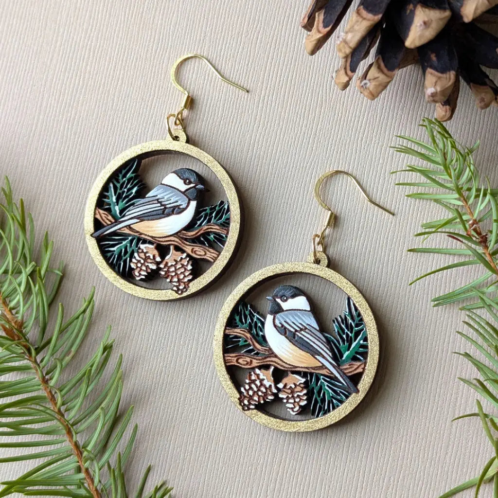 Winter Chickadee Pine Earrings Dangle and Drop Earrings
