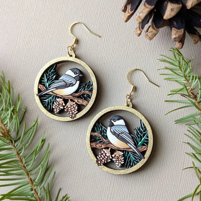Winter Chickadee Pine Earrings Dangle and Drop Earrings