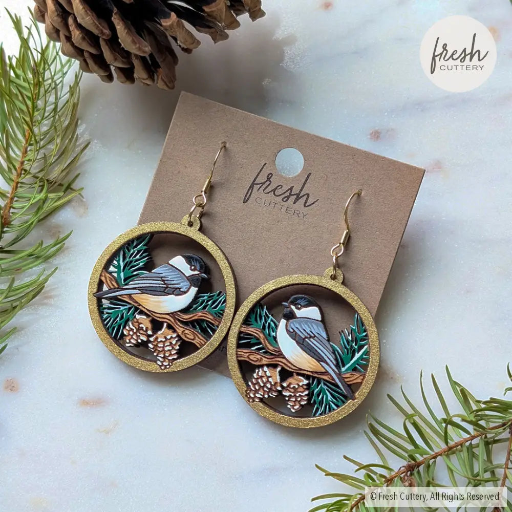 Winter Chickadee Pine Earrings Dangle and Drop Earrings