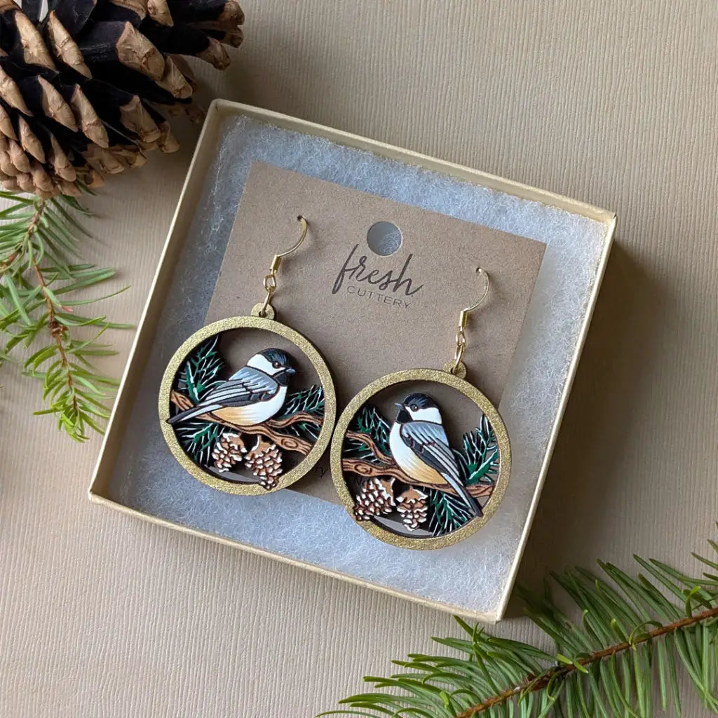 Winter Chickadee Pine Earrings Dangle and Drop Earrings