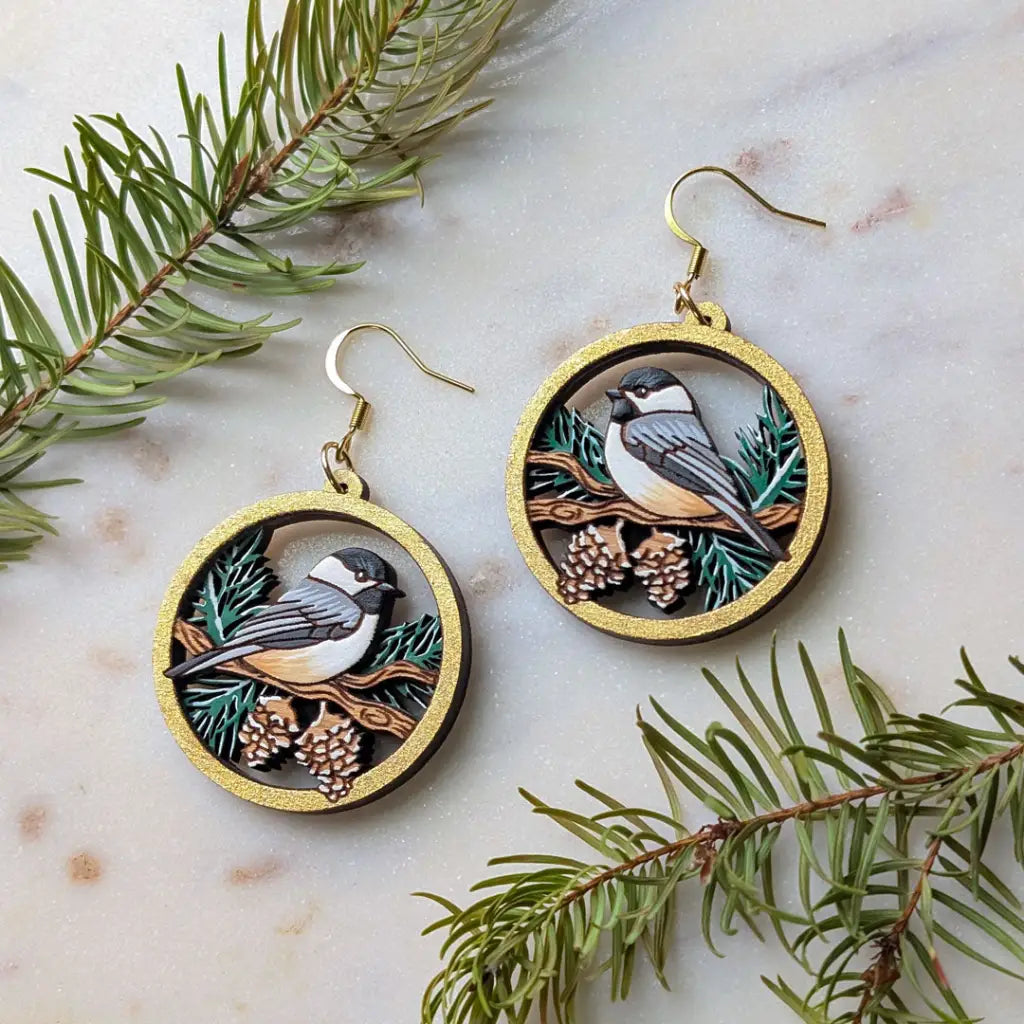 Winter Chickadee Pine Earrings Dangle and Drop Earrings