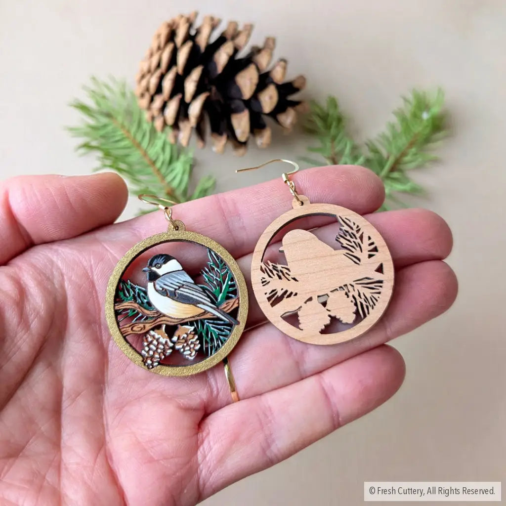 Winter Chickadee Pine Earrings Dangle and Drop Earrings
