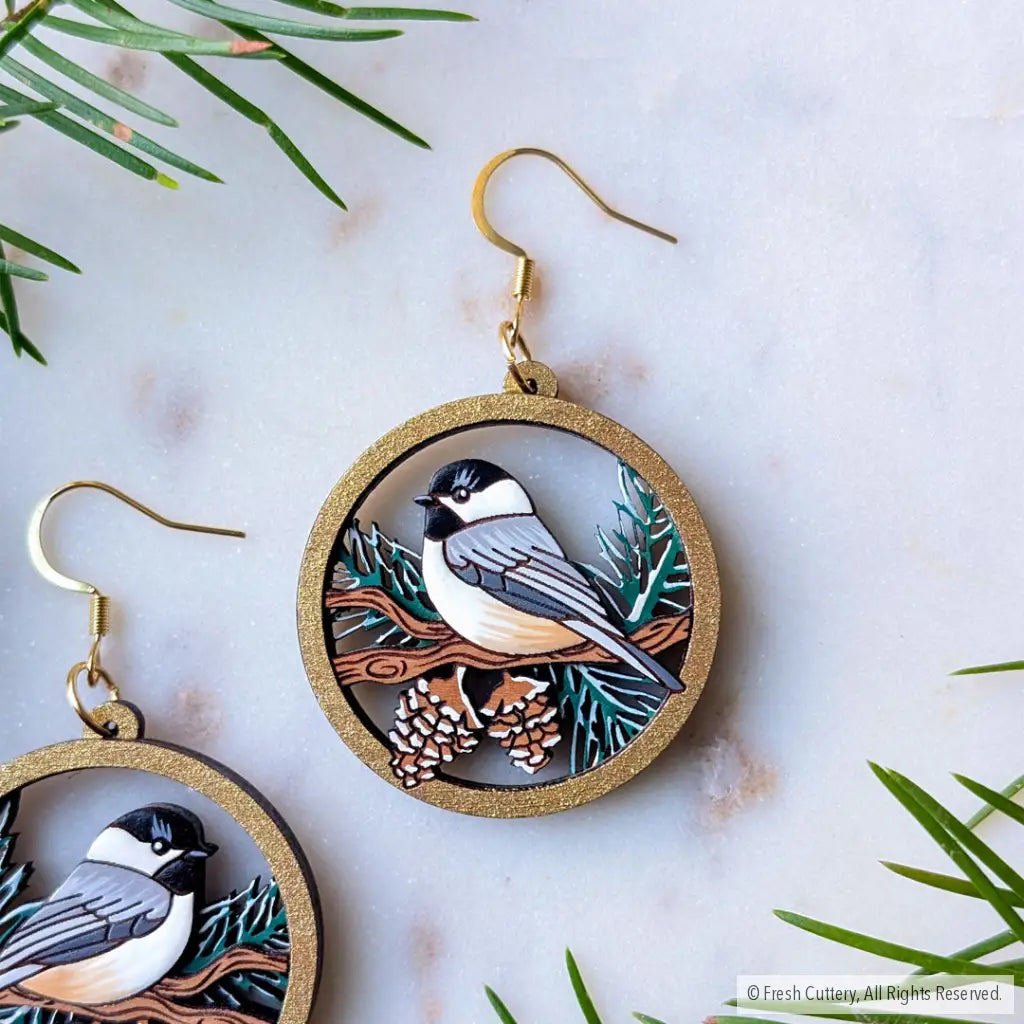 Winter Chickadee Pine Earrings - Dangle and Drop Earrings