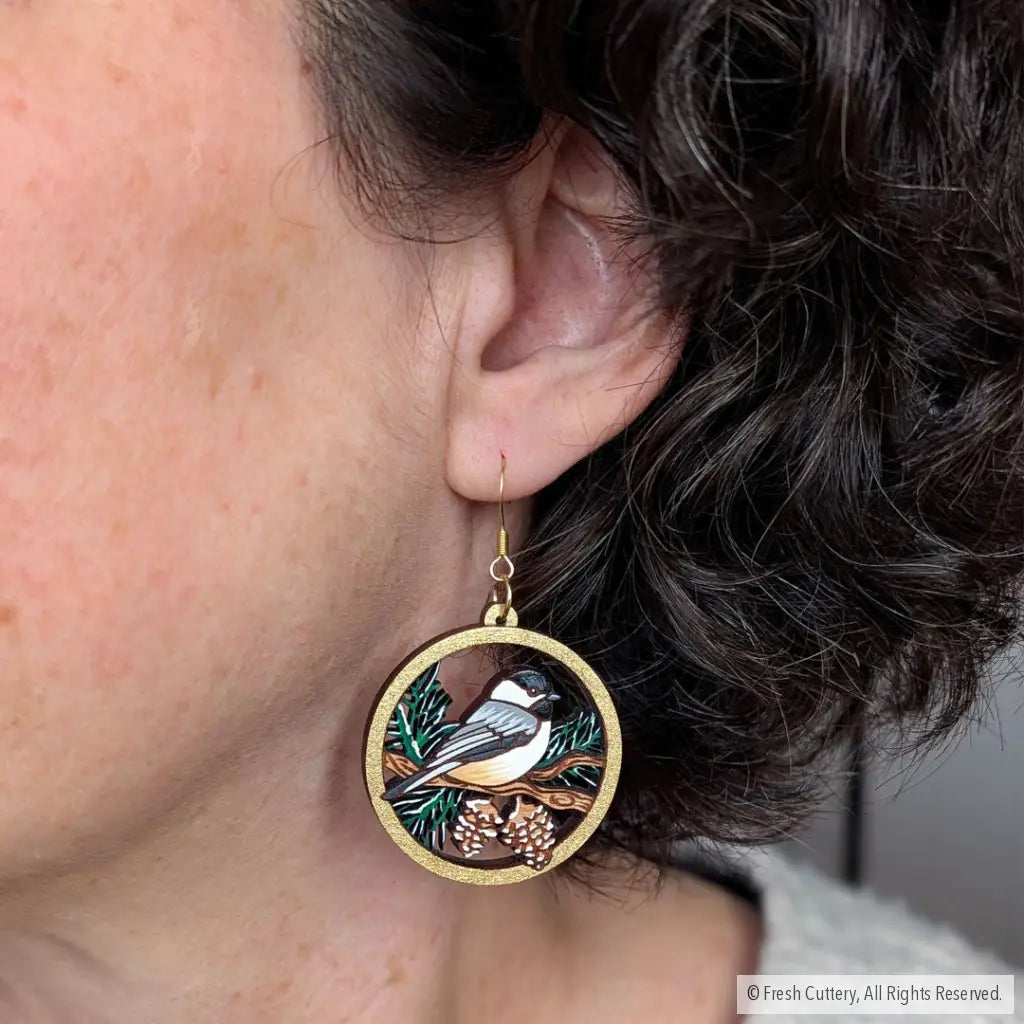 Winter Chickadee Pine Earrings Dangle and Drop Earrings