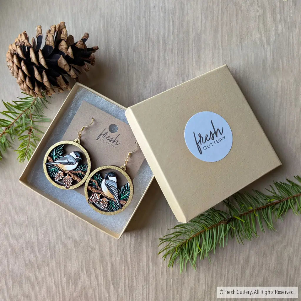 Winter Chickadee Pine Earrings Dangle and Drop Earrings
