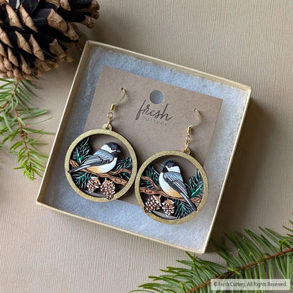 Winter Chickadee Pine Earrings Dangle and Drop Earrings