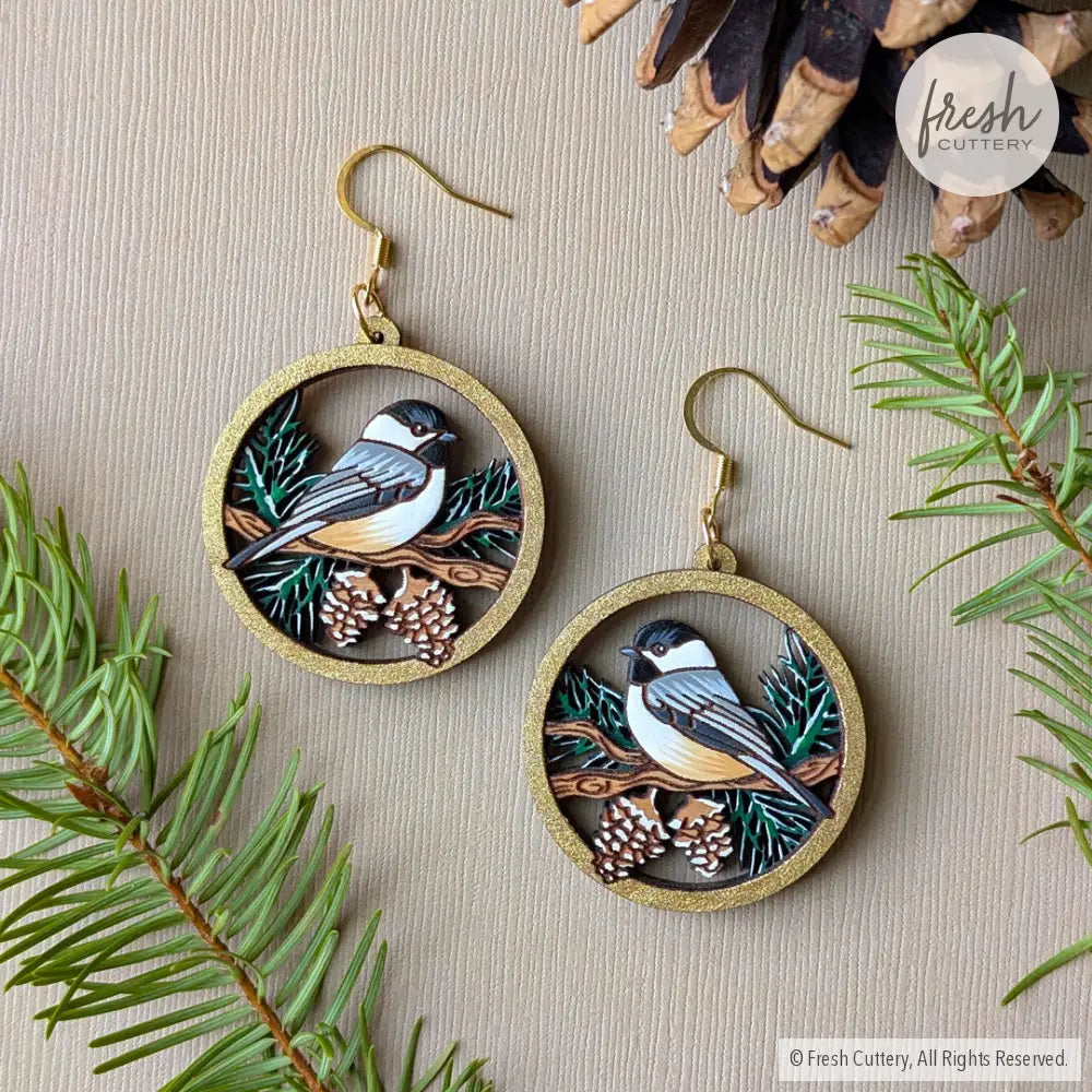 Winter Chickadee Pine Earrings Dangle and Drop Earrings