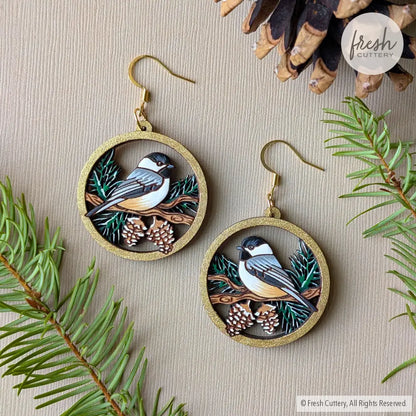 Winter Chickadee Pine Earrings Dangle and Drop Earrings