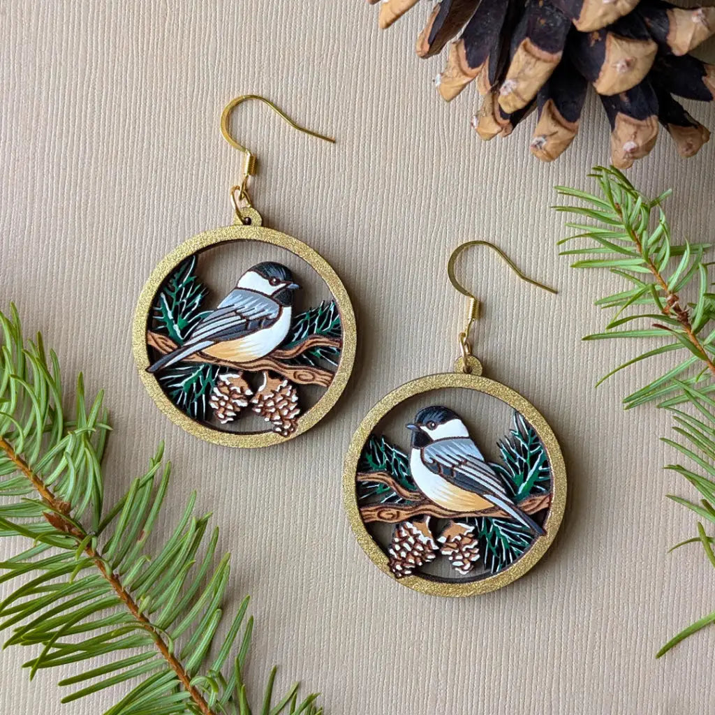 Winter Chickadee Pine Earrings Dangle and Drop Earrings