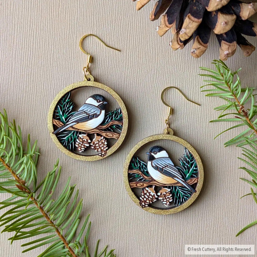 Winter Chickadee Pine Earrings Dangle and Drop Earrings