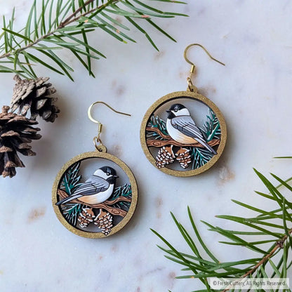 Winter Chickadee Pine Earrings - Dangle and Drop Earrings