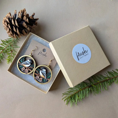 Winter Chickadee Pine Earrings Dangle and Drop Earrings