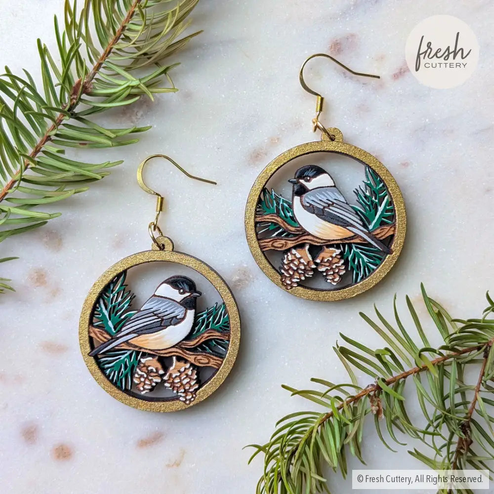Winter Chickadee Pine Earrings Dangle and Drop Earrings