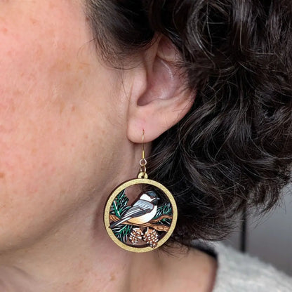 Winter Chickadee Pine Earrings Dangle and Drop Earrings